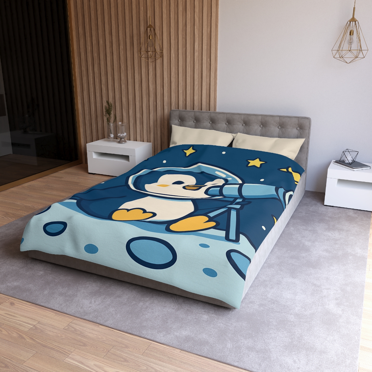 Stargazing Penguin On The Moon personalized bedding duvets