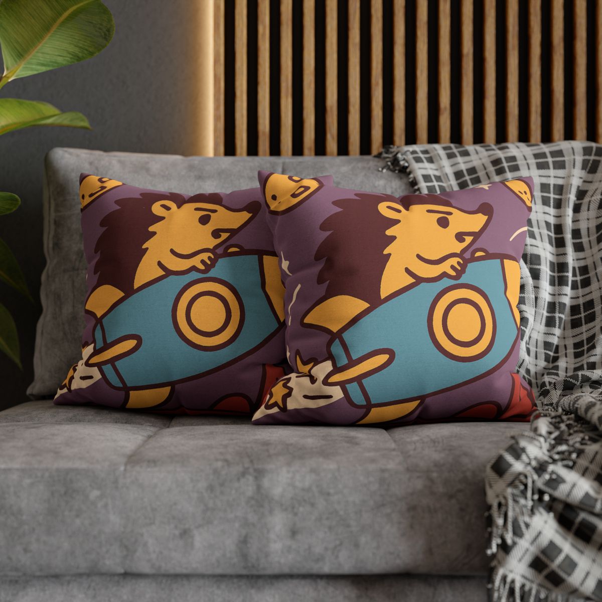 Rocket-Riding Hedgehog designer print pillow cases