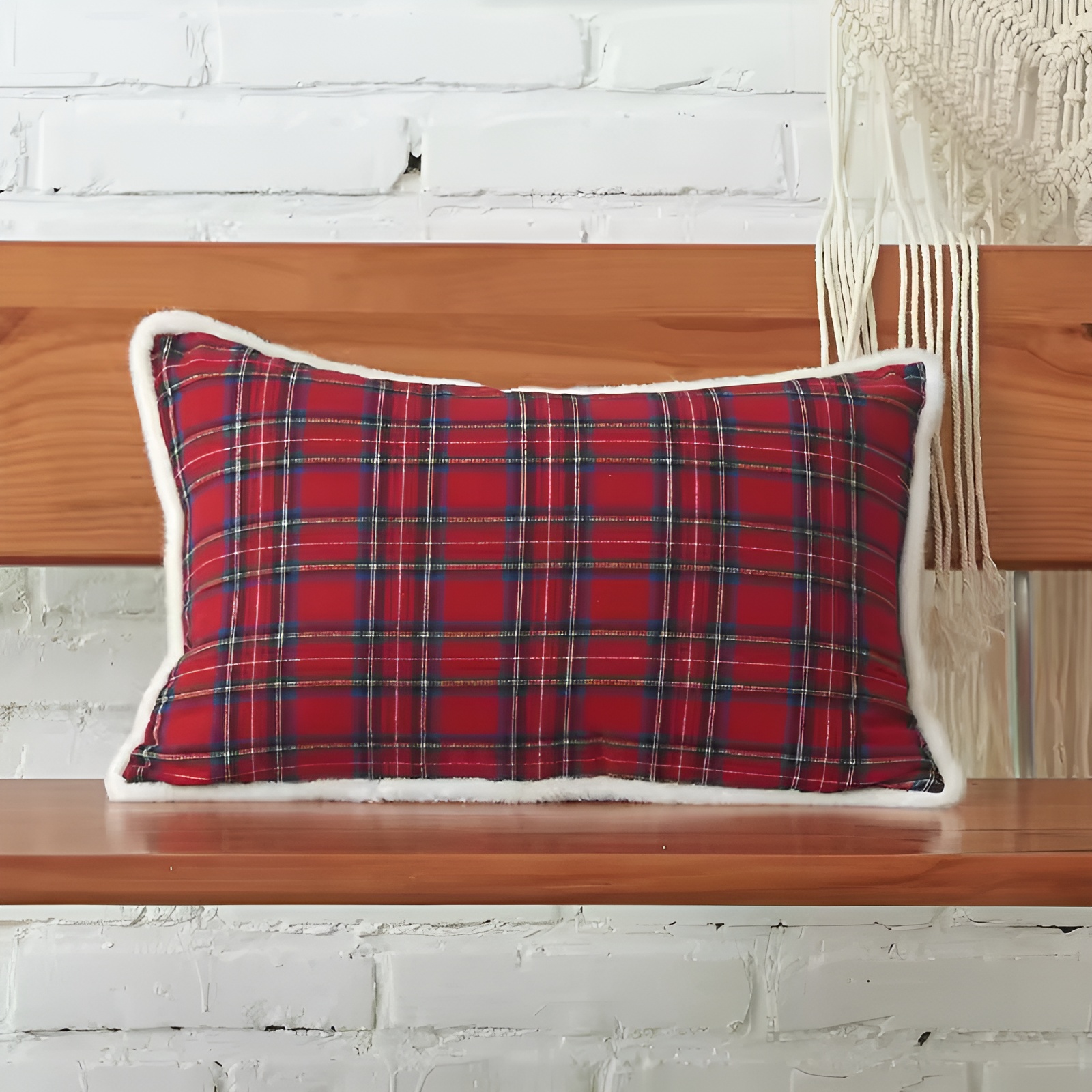 Christmas Themed Plaid Cushion Cover With Embroidered Snowflake Design