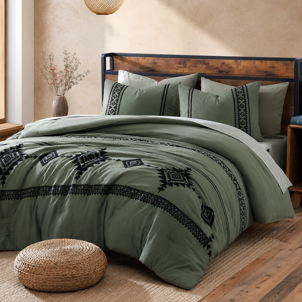 7 Pieces Boho Embroidered Comforter Set With Pillowcases And Shams