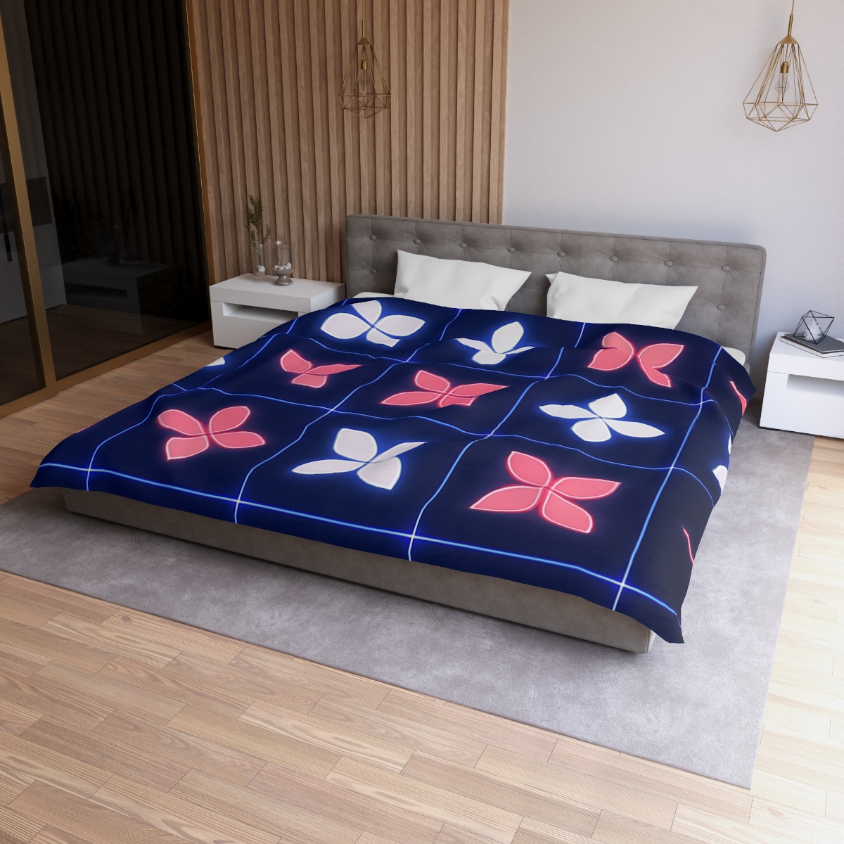 Quantum Blossom Grid designer printed duvets