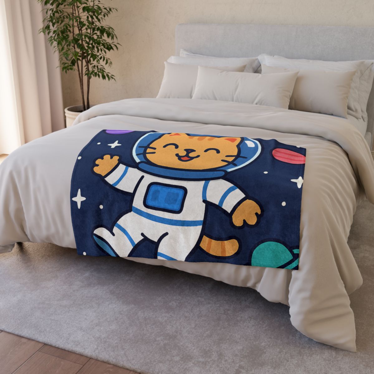 Curious Space Explorer Cat personalized cozy blankets
