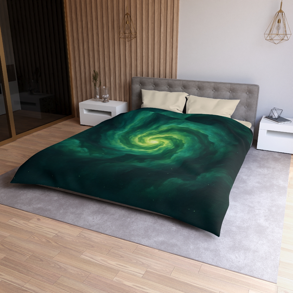Verdant Nebula Swirl designer printed duvets