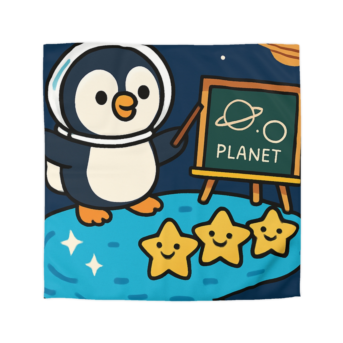 Comet Classroom With Captain Penguin designer printed duvets