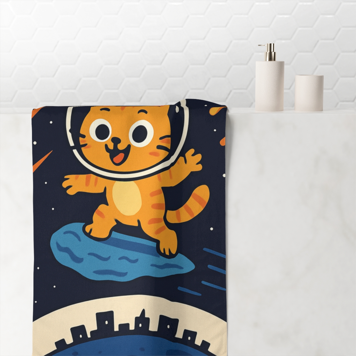 Astronaut Kitty Meteor Chase soft cotton towels