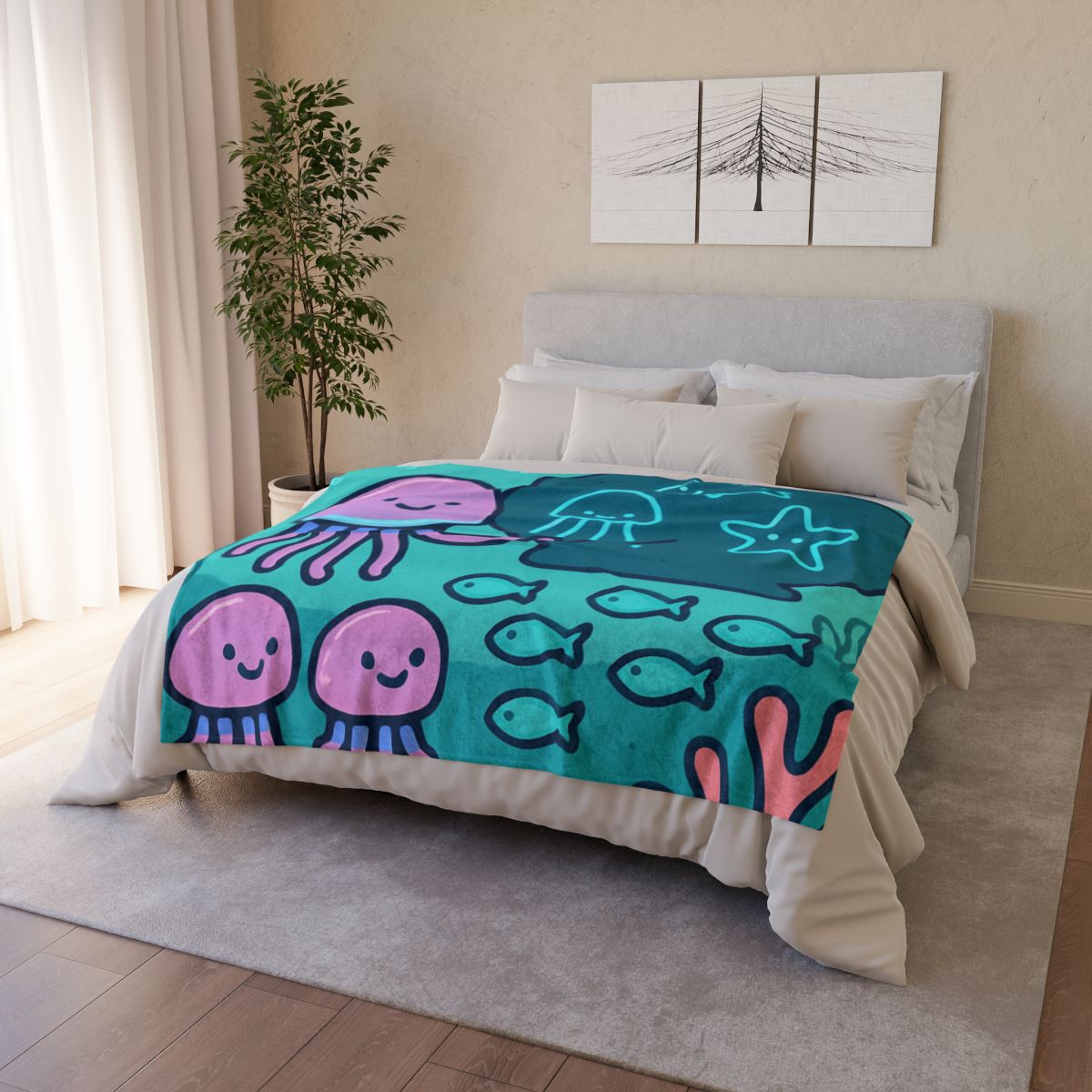 Bioluminescent Reef School With Glow Jellyfish custom blankets