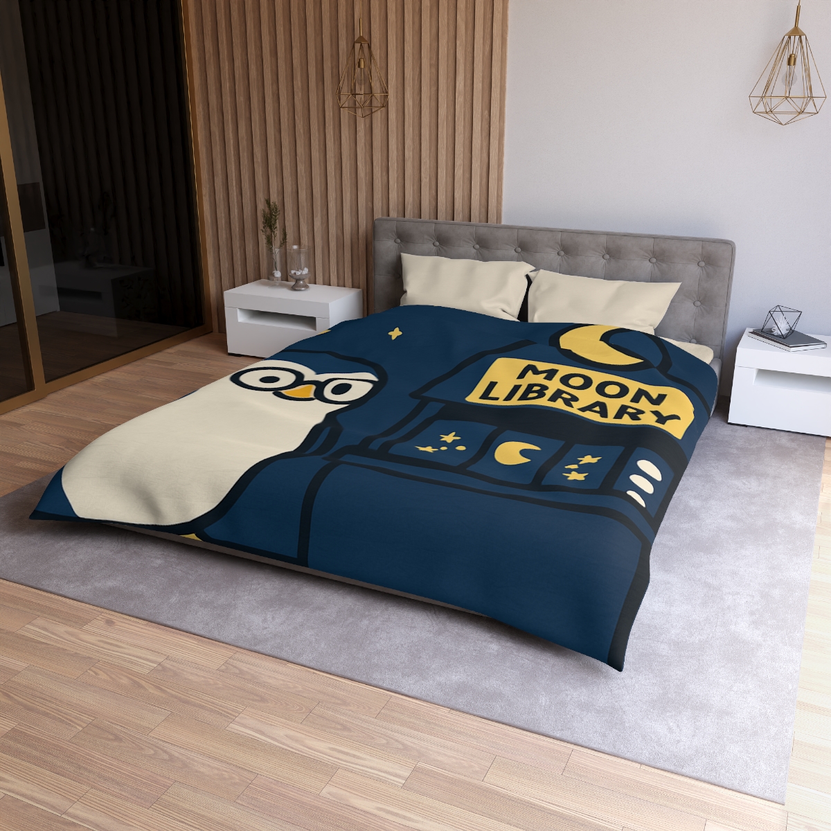 Moonlight Library Run By A Wise Penguin Astronomer stylish duvet covers