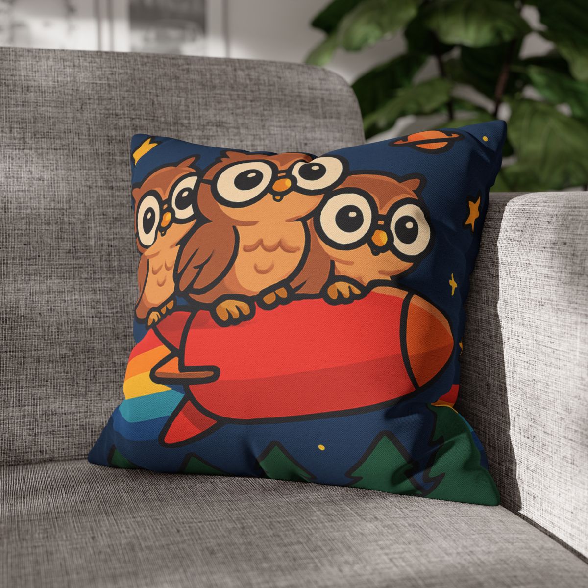 Rocket Riding Forest Owls designer print pillow cases