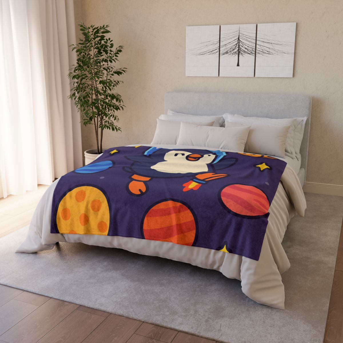 Planet Hopping Penguin Adventure personalized cozy blankets