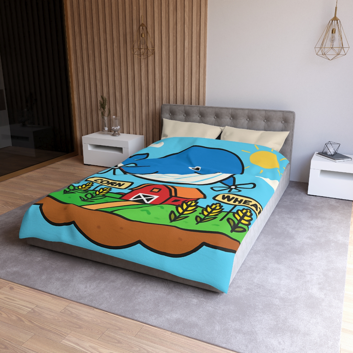 Windmill Whale Above The Floating Farm designer printed duvets