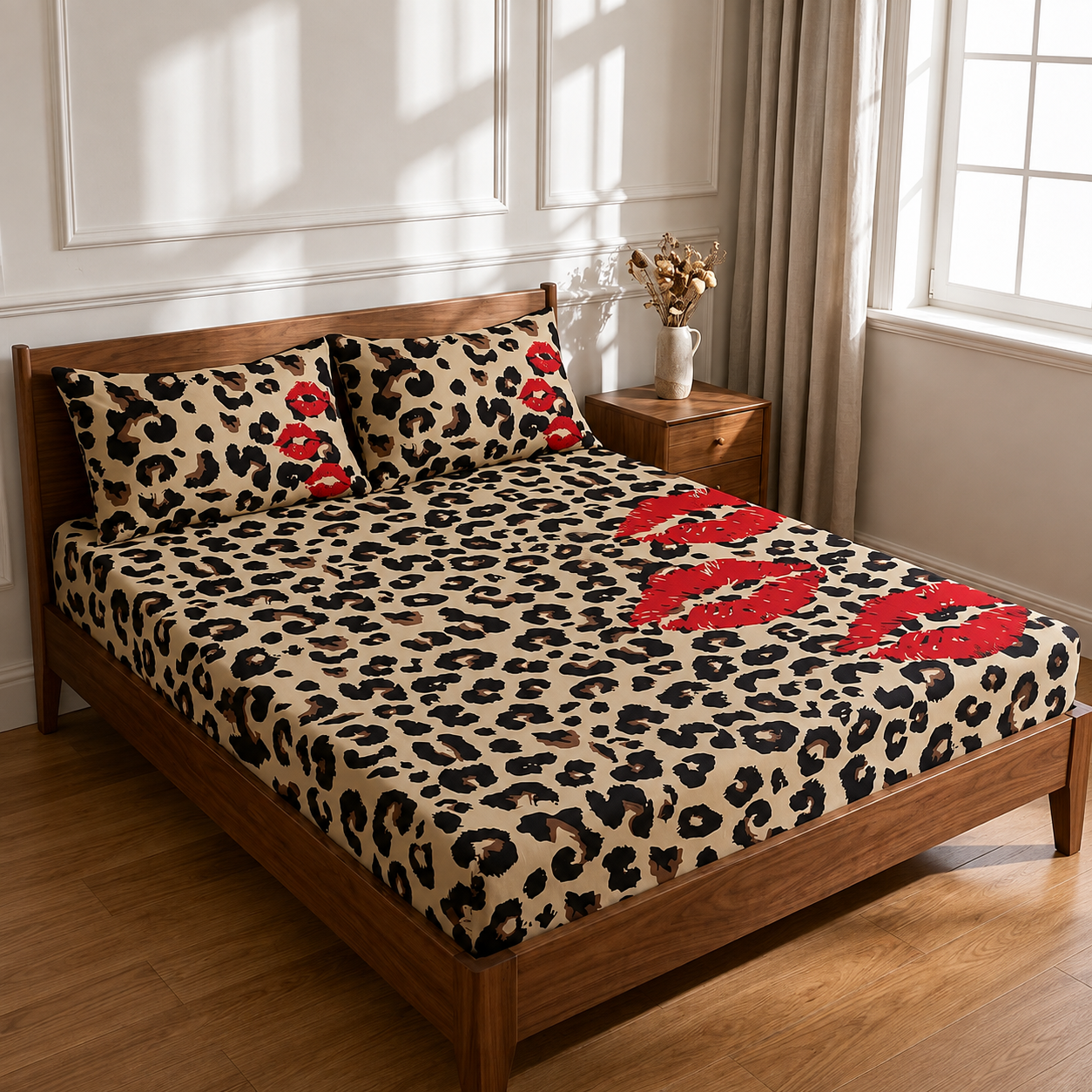 Soft Knitted Leopard Print Fitted Sheet with Deep Pocket and Wrinkle Resistant Finish