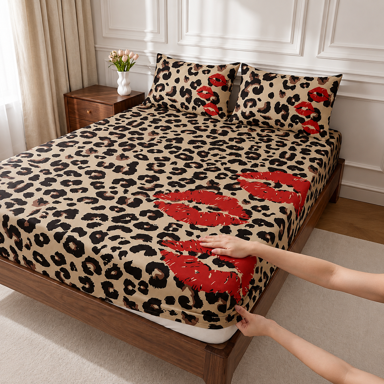 Soft Knitted Leopard Print Fitted Sheet with Deep Pocket and Wrinkle Resistant Finish
