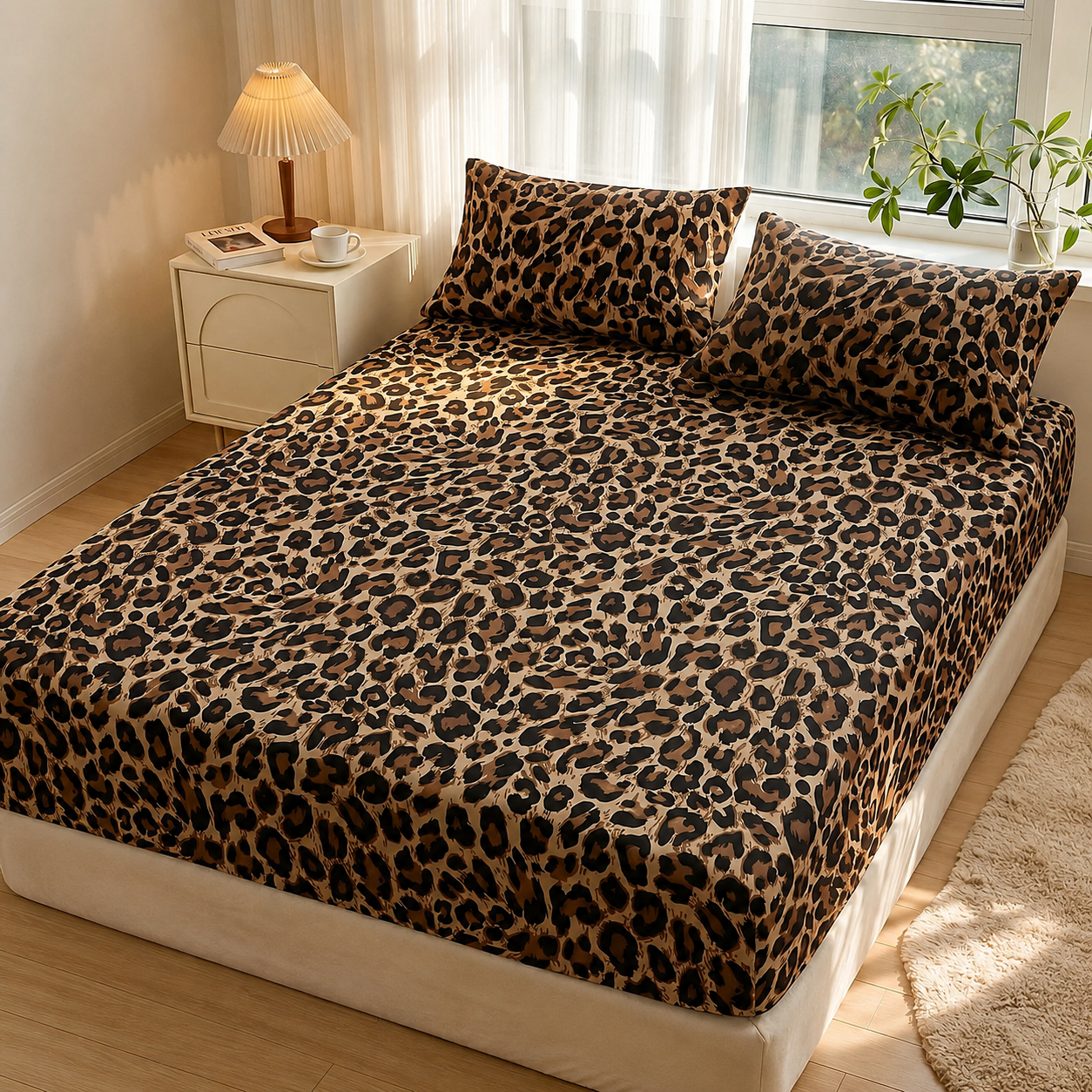 Soft Knitted Leopard Print Fitted Sheet with Deep Pocket and Wrinkle Resistant Finish