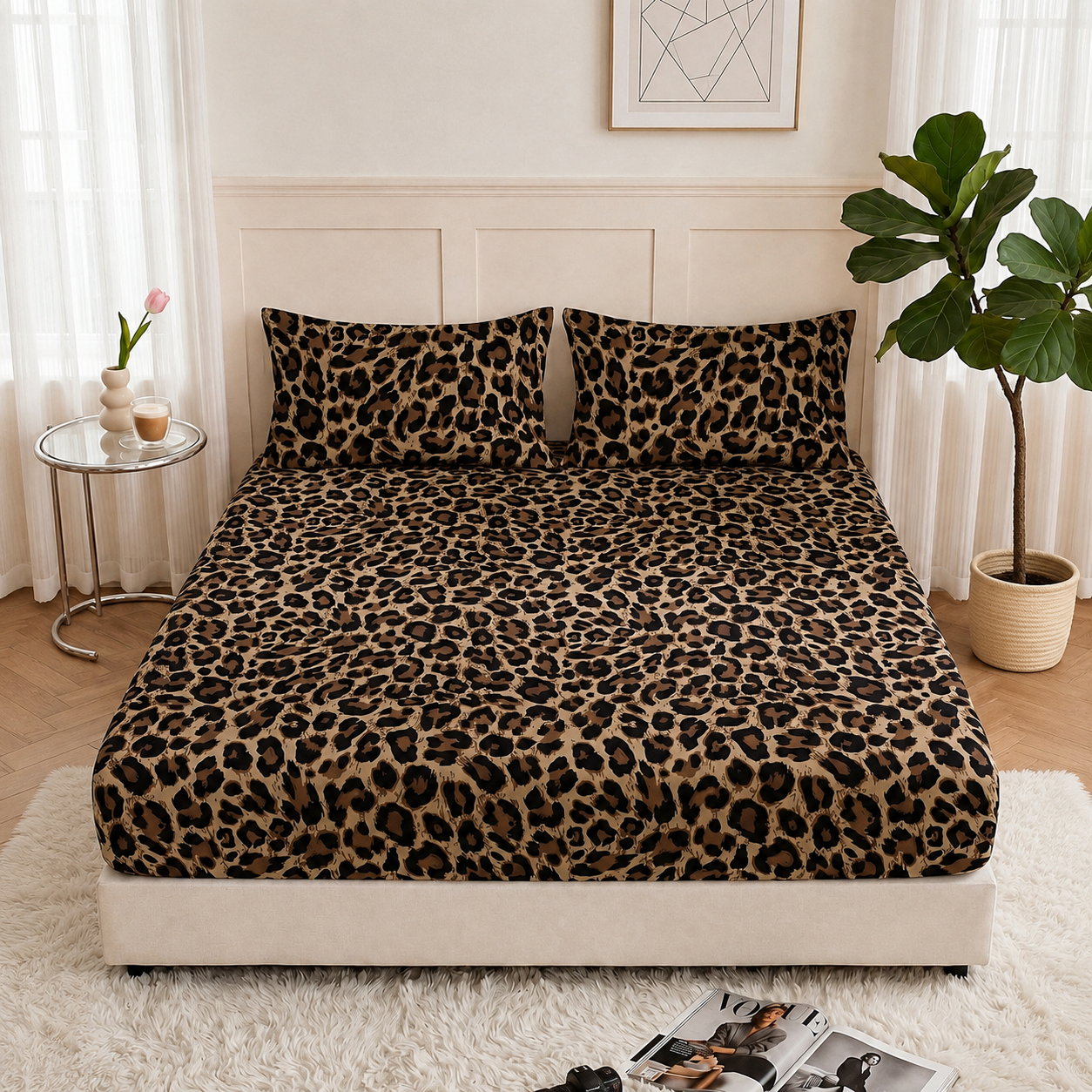 Soft Knitted Leopard Print Fitted Sheet with Deep Pocket and Wrinkle Resistant Finish