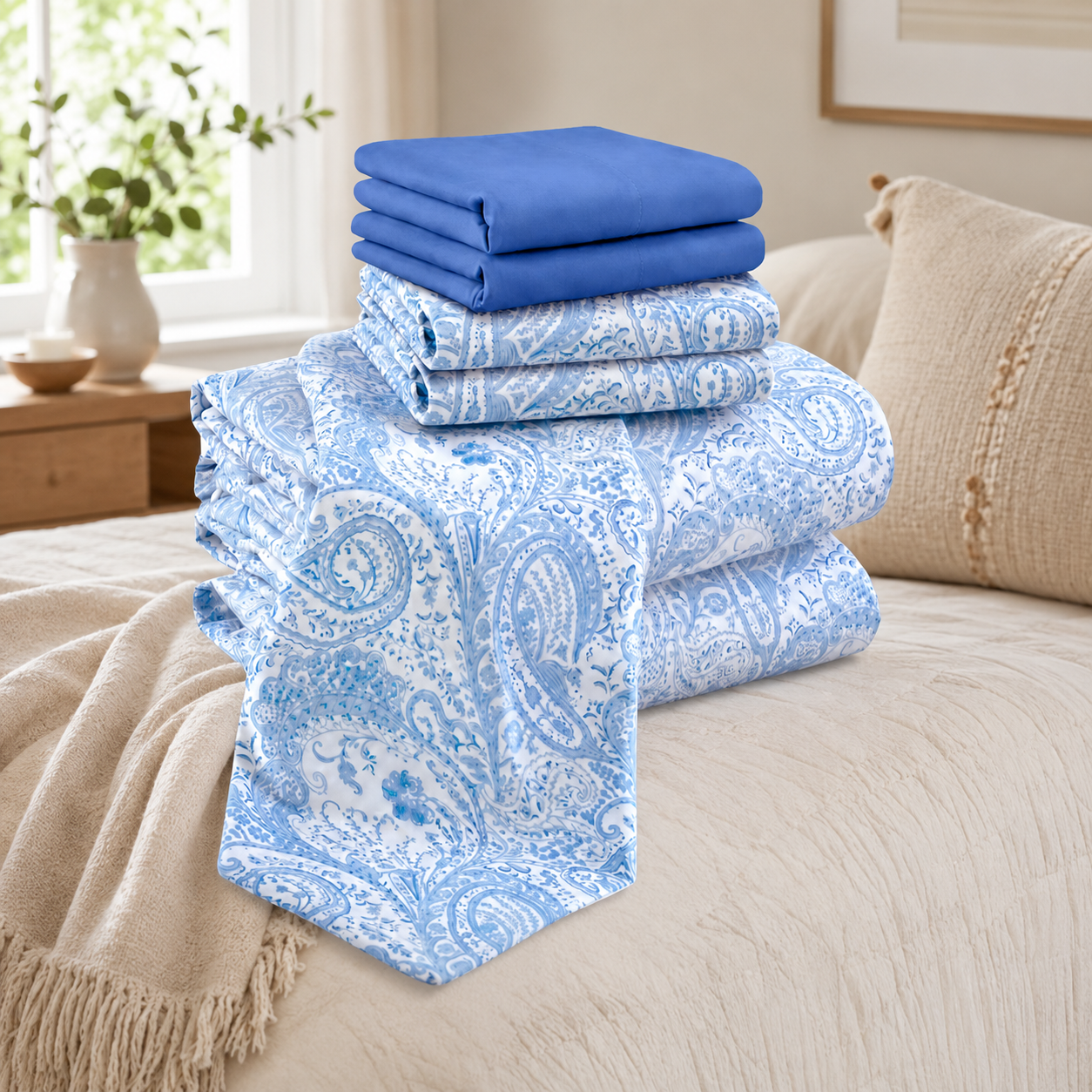 6 Piece Paisley Embroidered Microfiber Bed Sheet Set