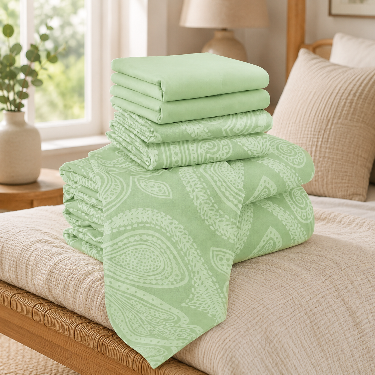 6 Piece Paisley Embroidered Microfiber Bed Sheet Set