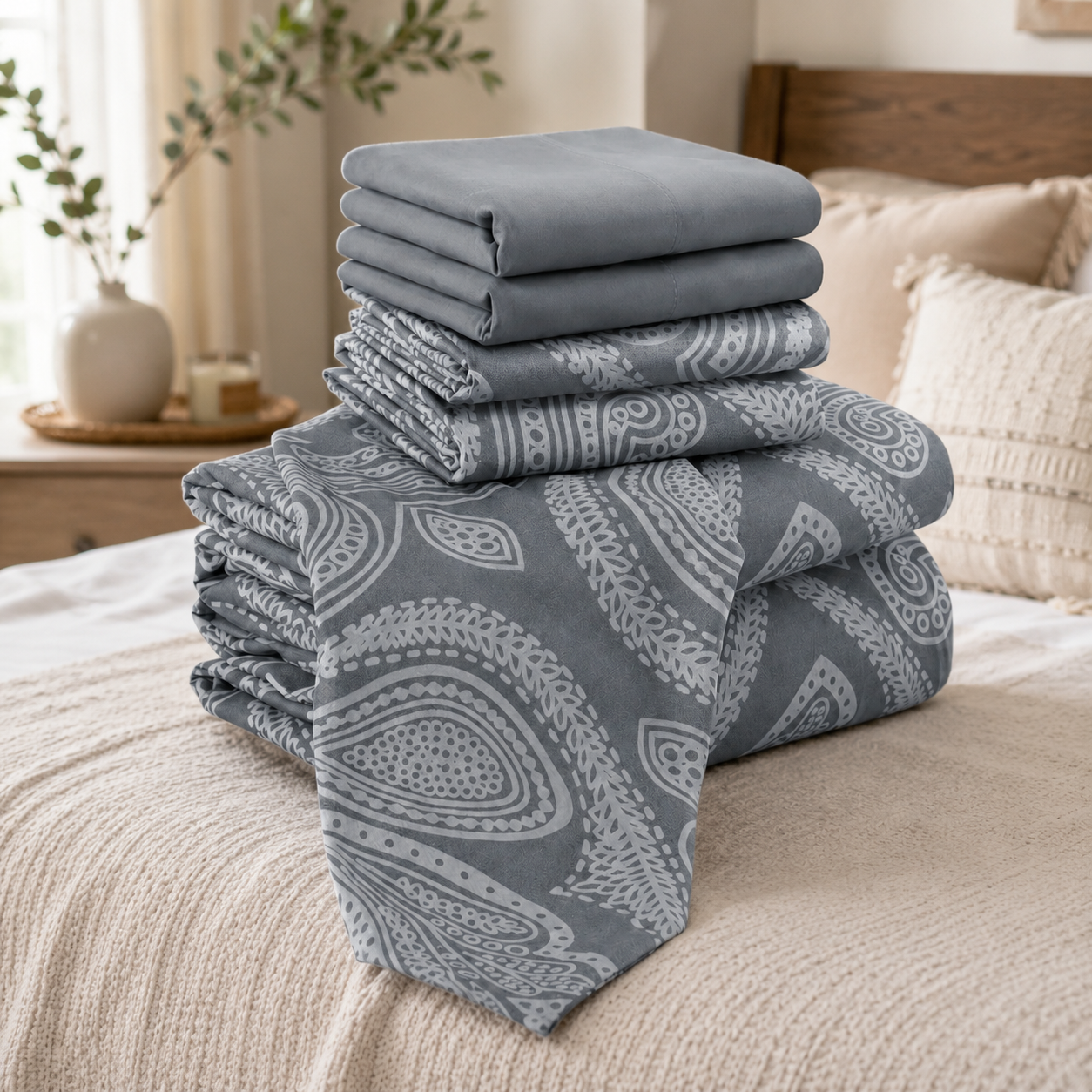 6 Piece Paisley Embroidered Microfiber Bed Sheet Set