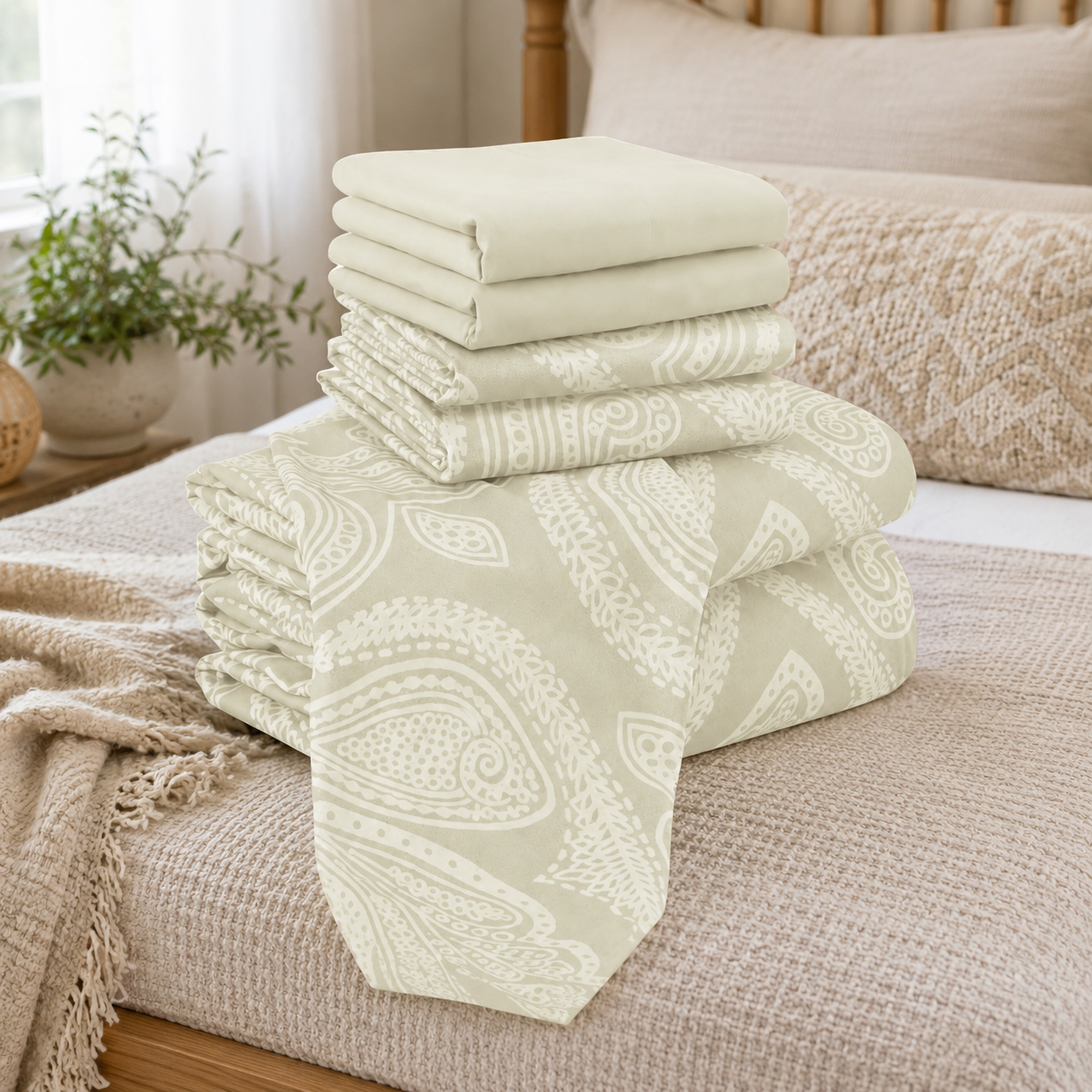6 Piece Paisley Embroidered Microfiber Bed Sheet Set
