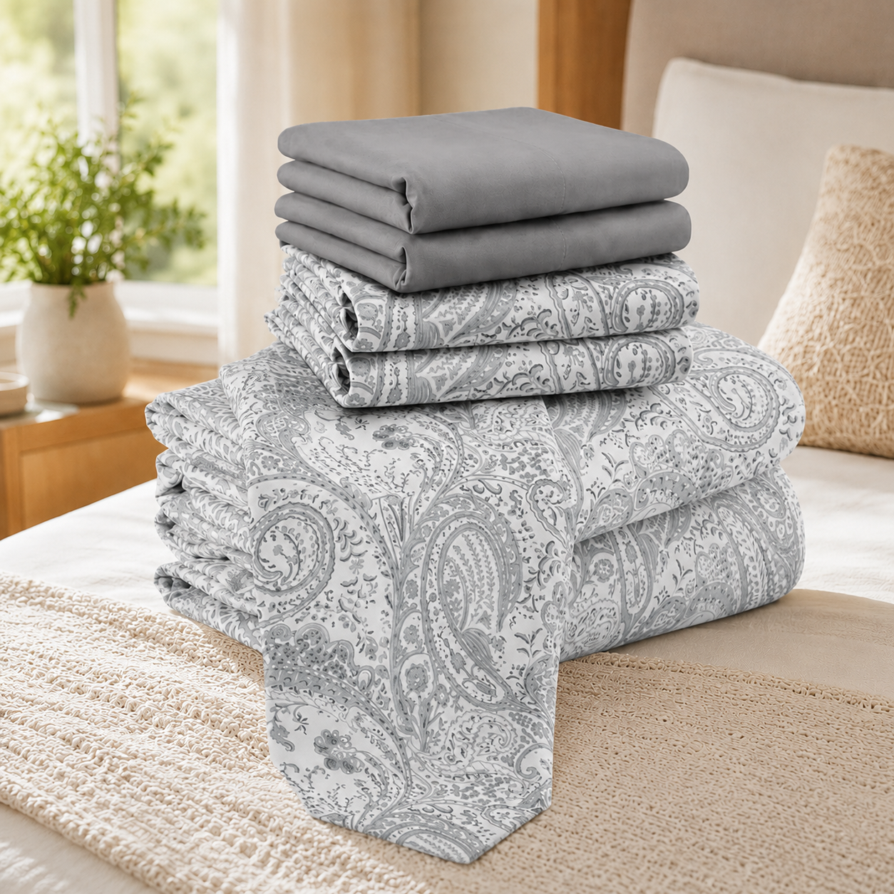 6 Piece Paisley Embroidered Microfiber Bed Sheet Set