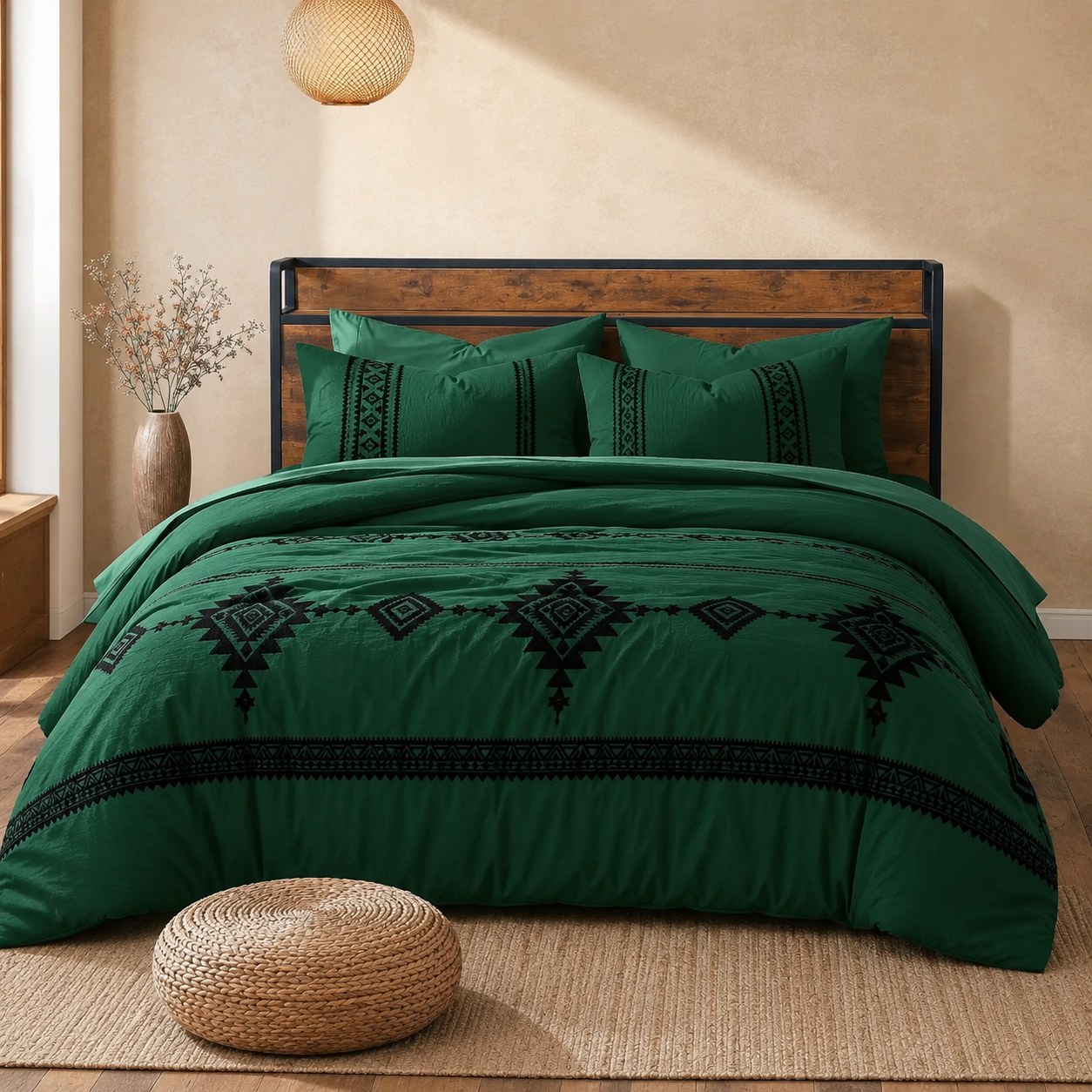 7 Piece Embroidered Boho Queen Comforter Set