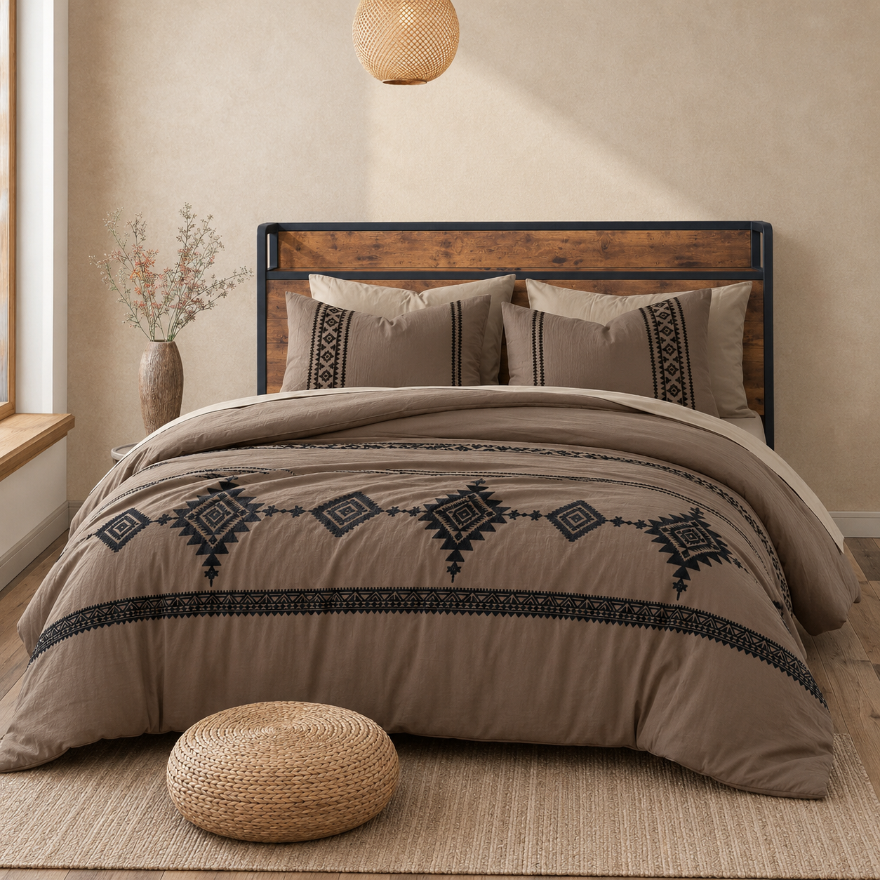 7 Piece Embroidered Boho Queen Comforter Set
