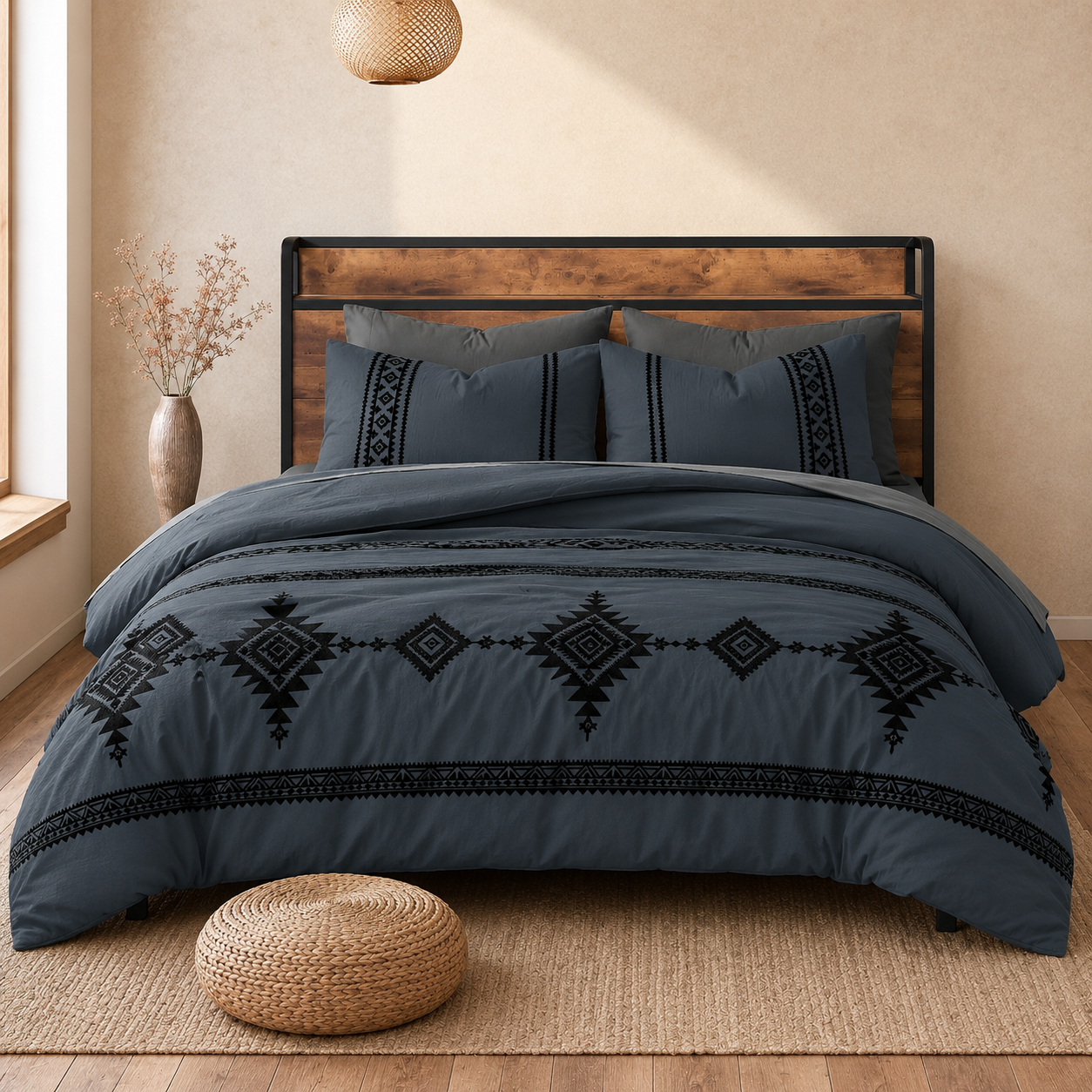 7 Piece Embroidered Boho Queen Comforter Set