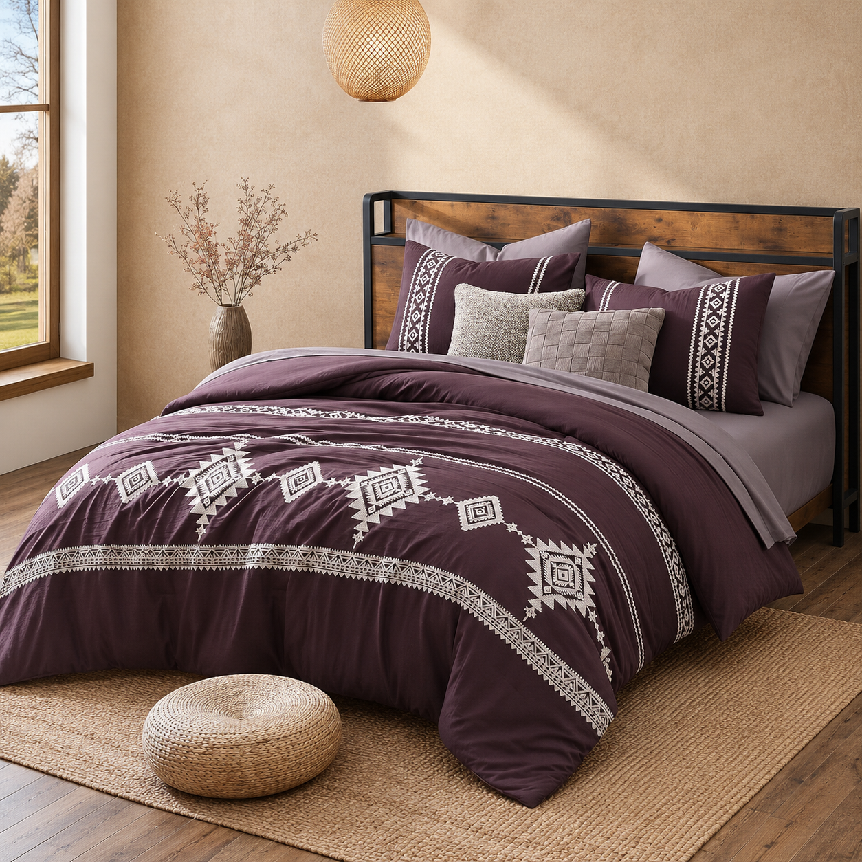 7 Piece Embroidered Boho Queen Comforter Set