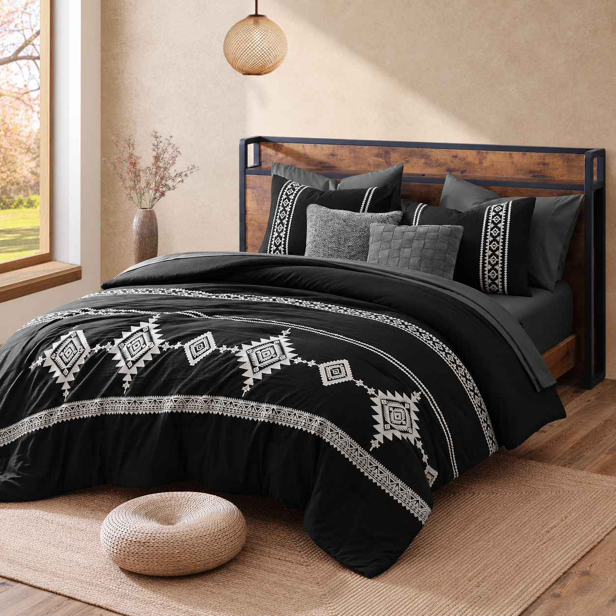 7 Piece Embroidered Boho Queen Comforter Set