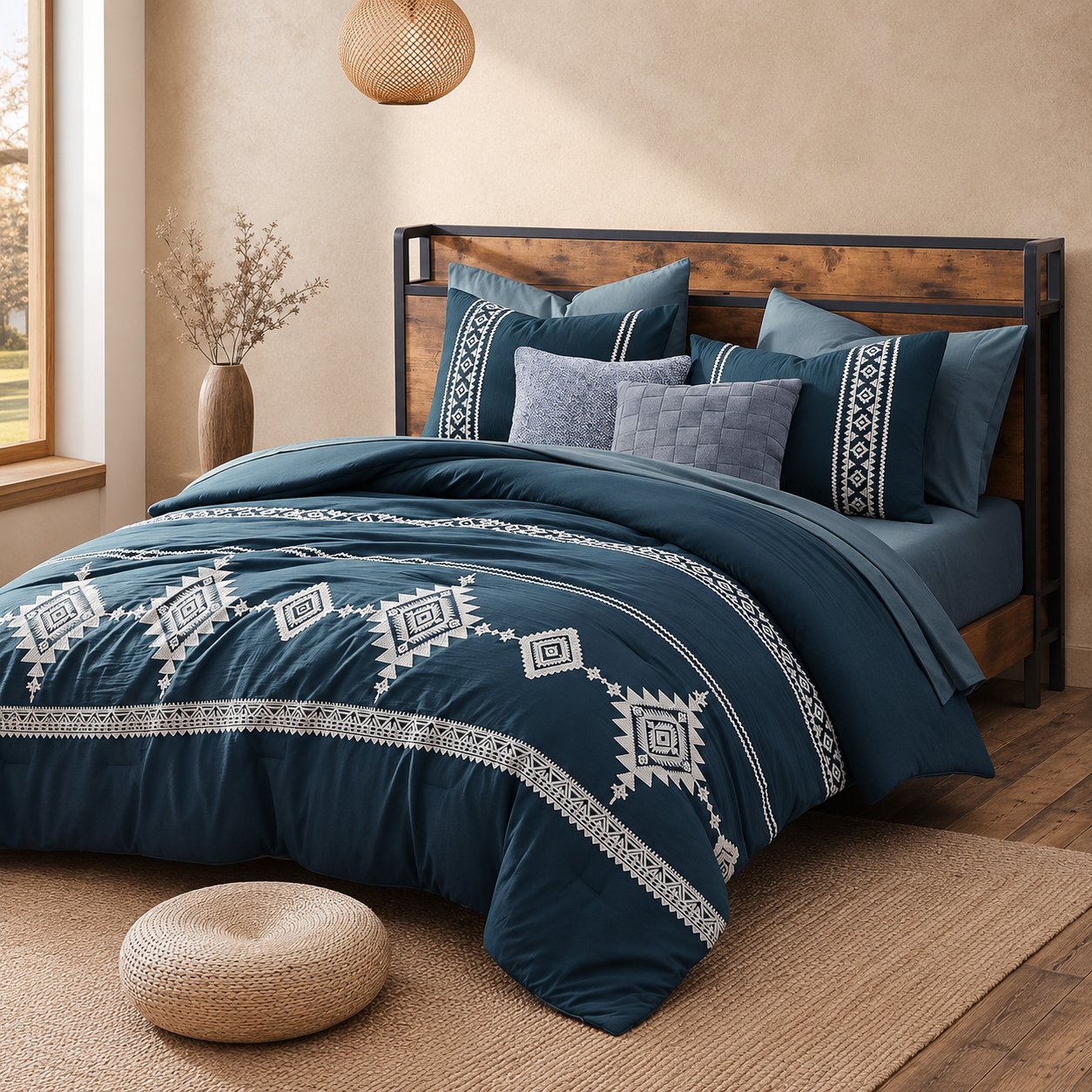 7 Piece Embroidered Boho Queen Comforter Set