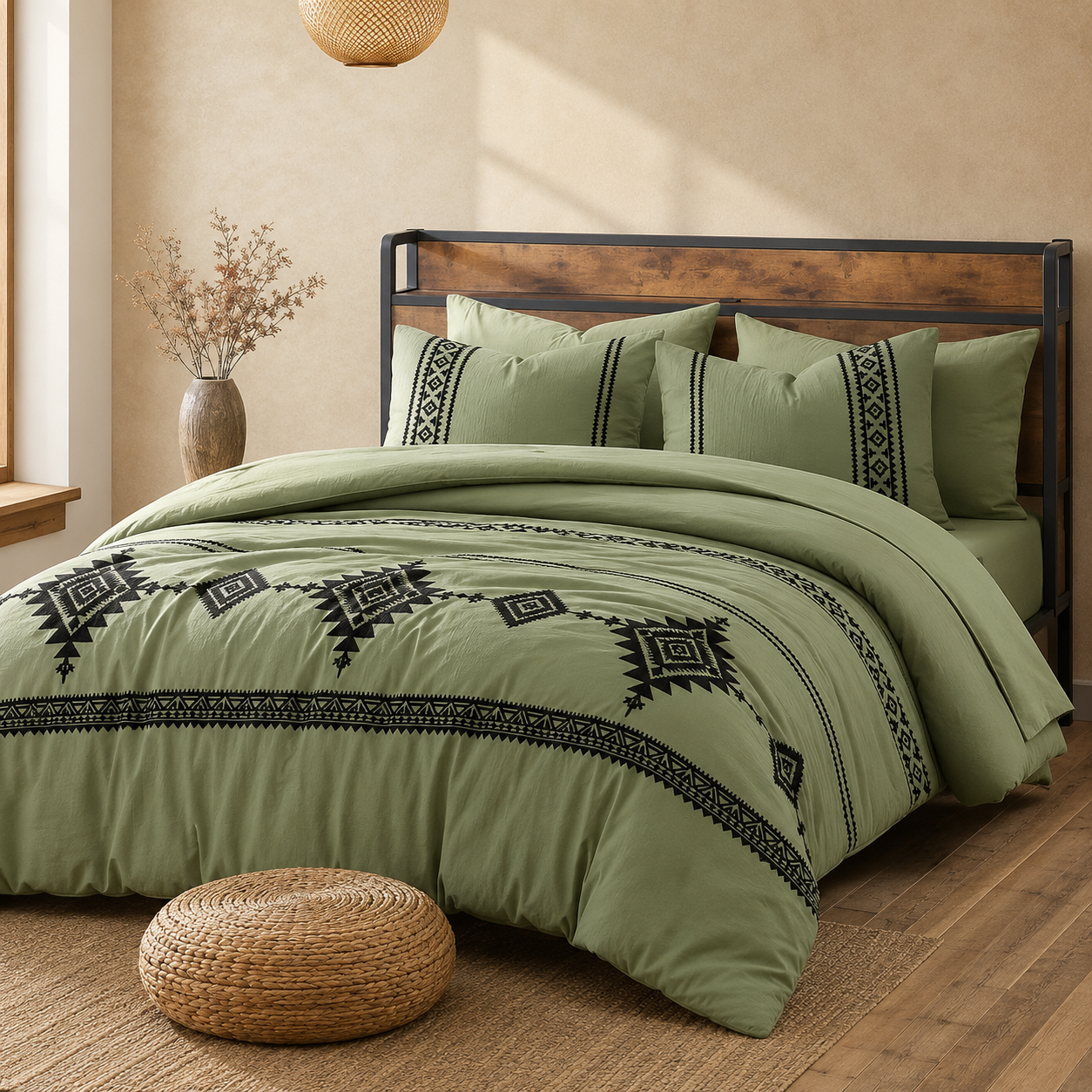 7 Piece Embroidered Boho Queen Comforter Set