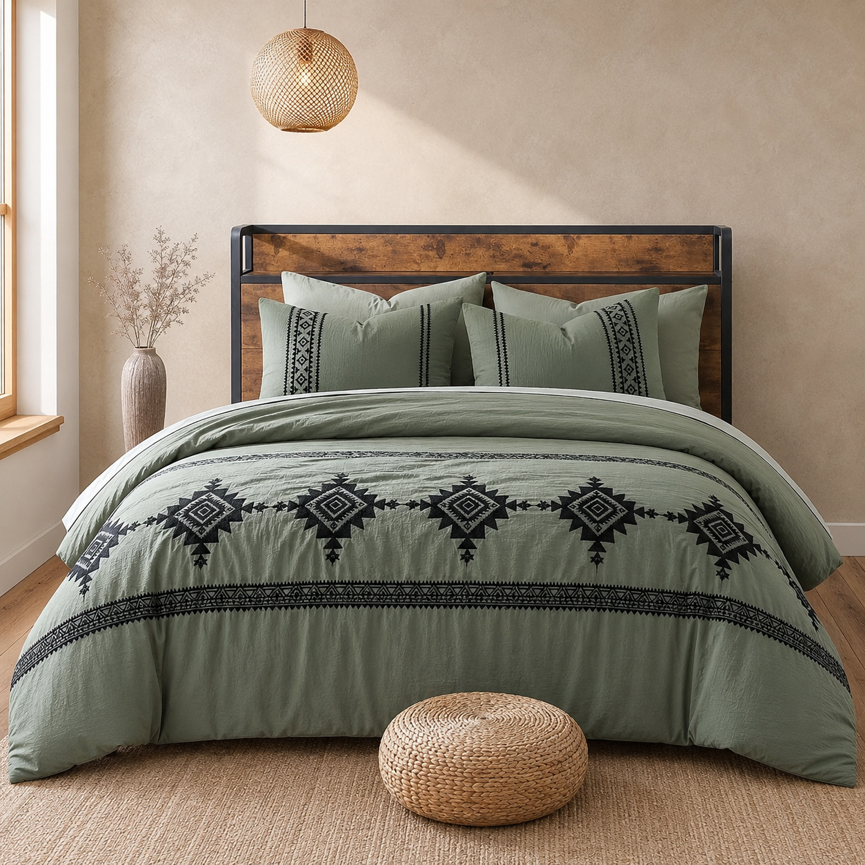 7 Piece Embroidered Boho Queen Comforter Set