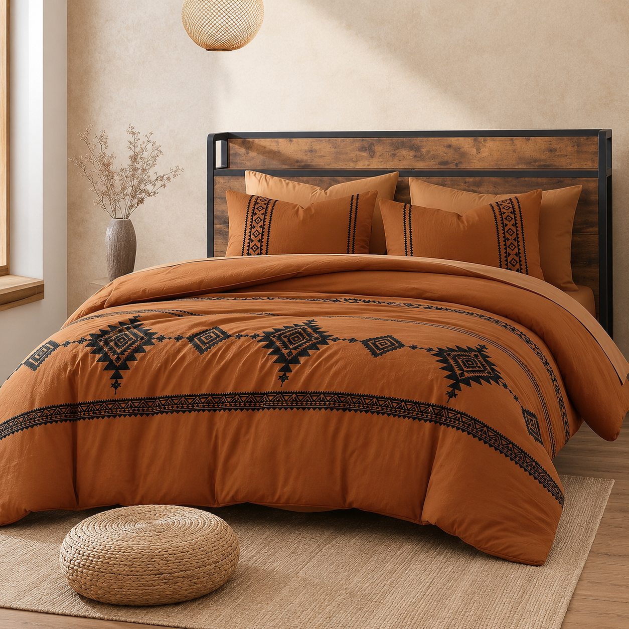 7 Piece Embroidered Boho Queen Comforter Set