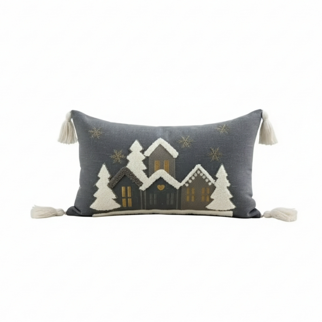 Embroidered Snowflake And Christmas House Cushion Cover