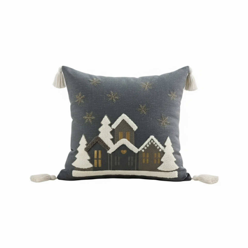 Embroidered Snowflake And Christmas House Cushion Cover