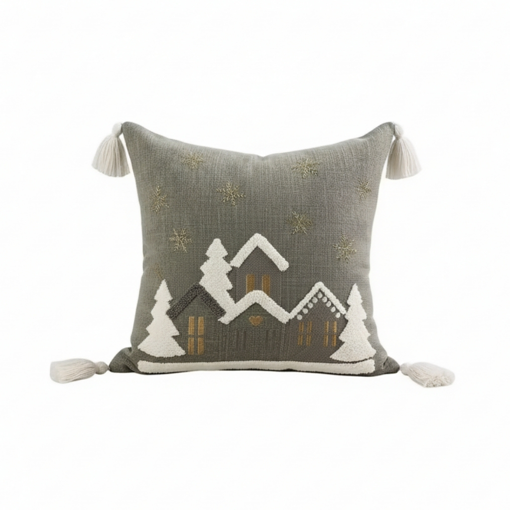 Embroidered Snowflake And Christmas House Cushion Cover
