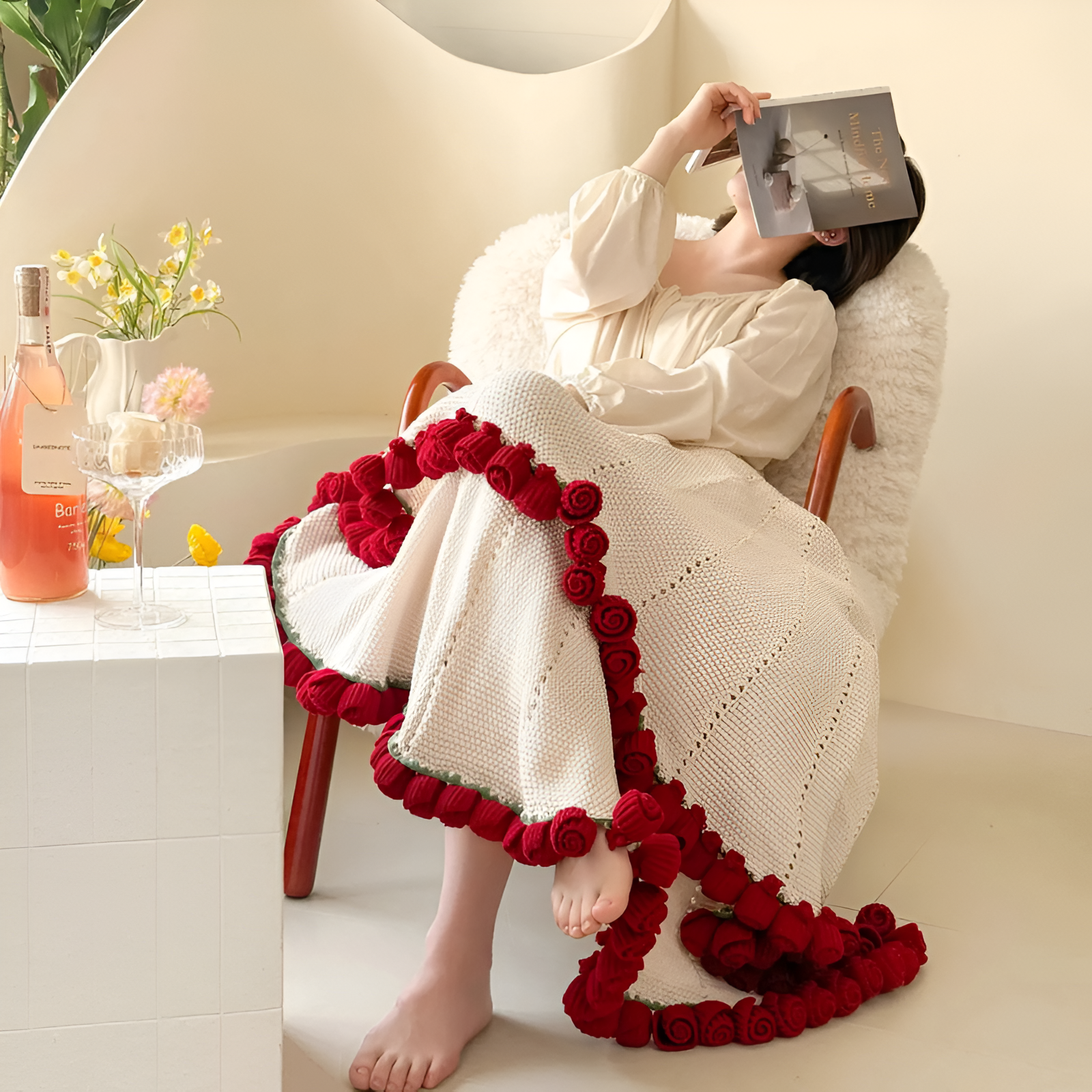 Crochet Flower Bouquet Rose Blanket 2-in-1 Handmade 3D Knitting Round Design 31-62 inch