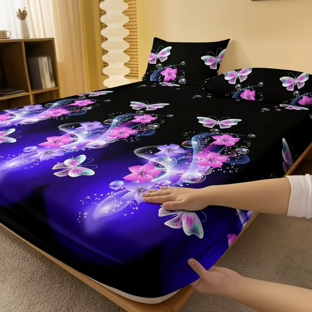 Butterfly Flower Pattern Fitted Sheet Soft Brushed Bed Cover