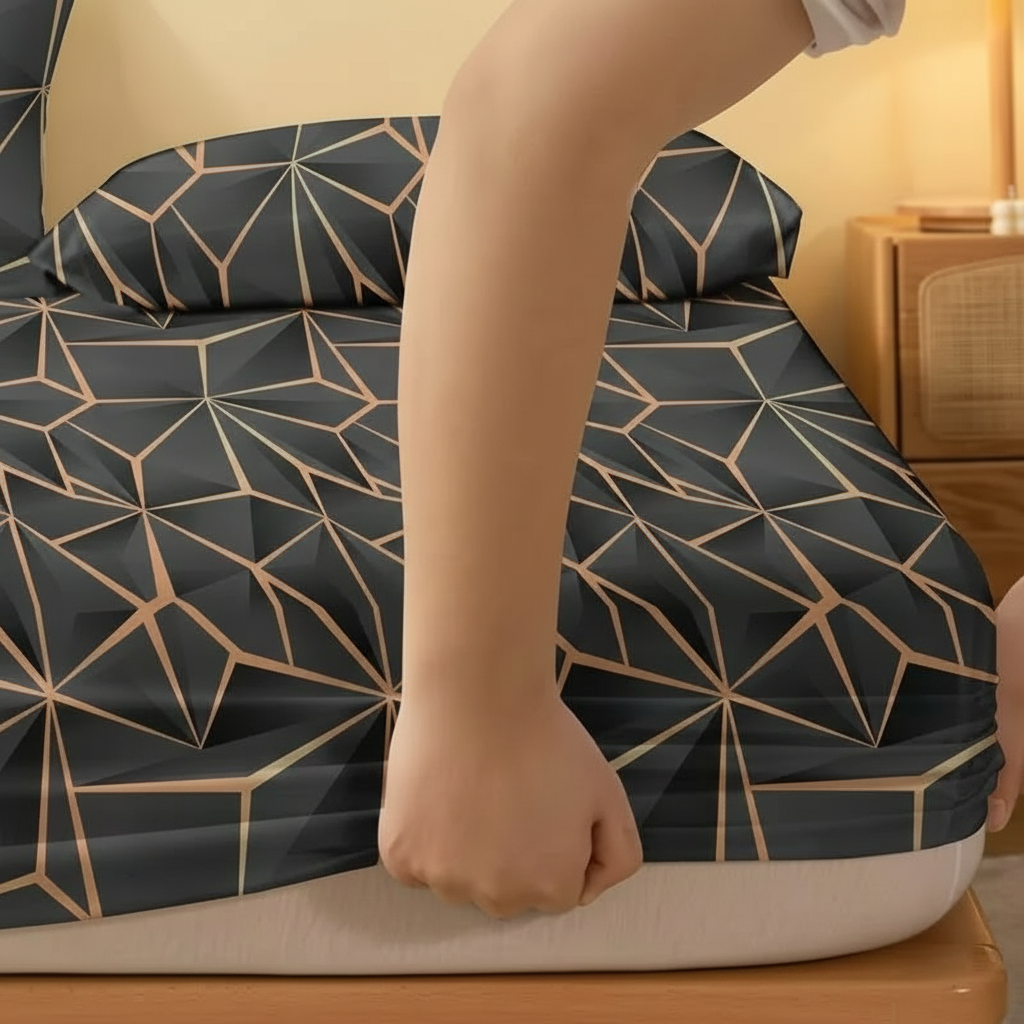 Modern Geometric Printed Fitted Bedsheet With Gold Line Design