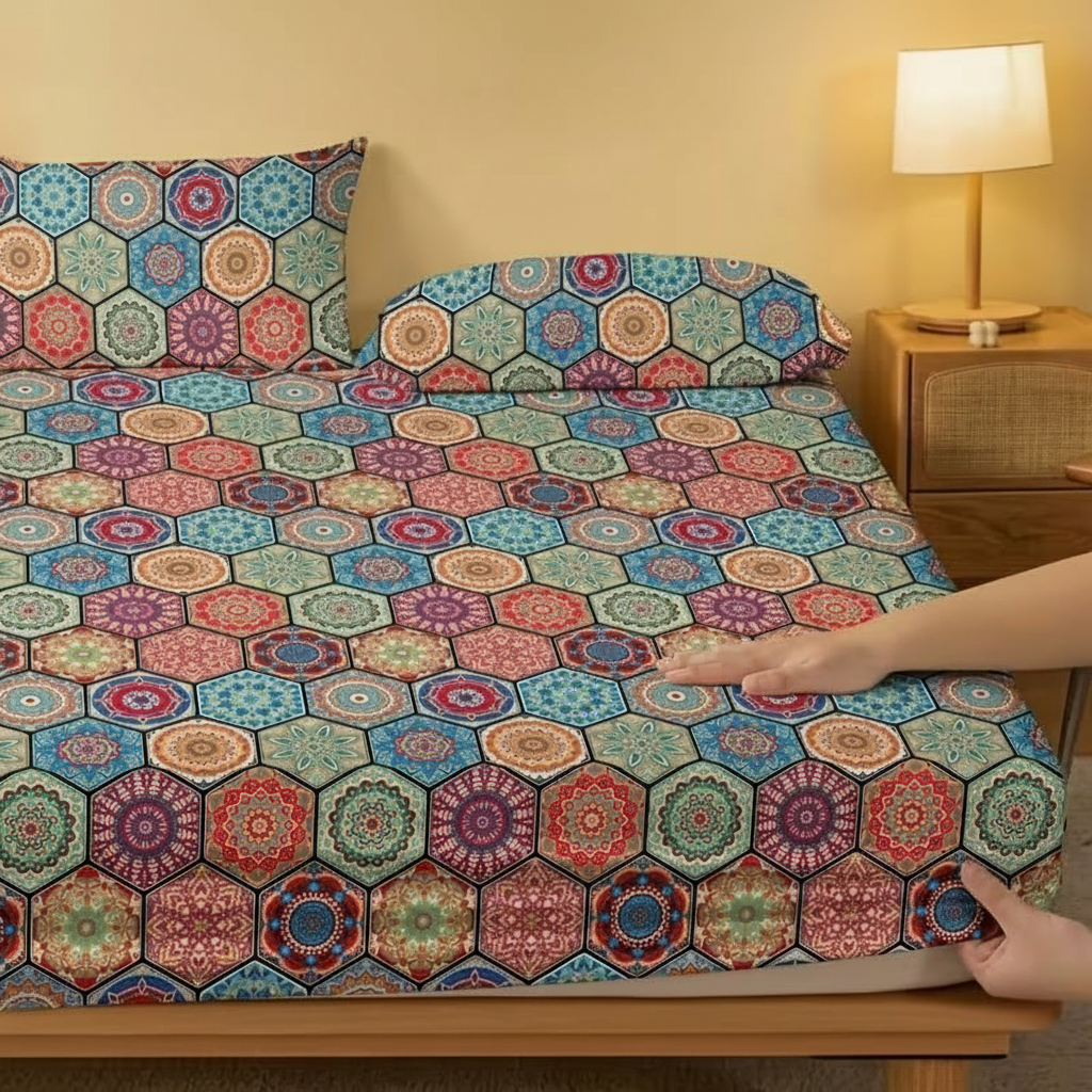 Geometric Design Print Fitted Sheet Quilted Polyester Bedding Cover