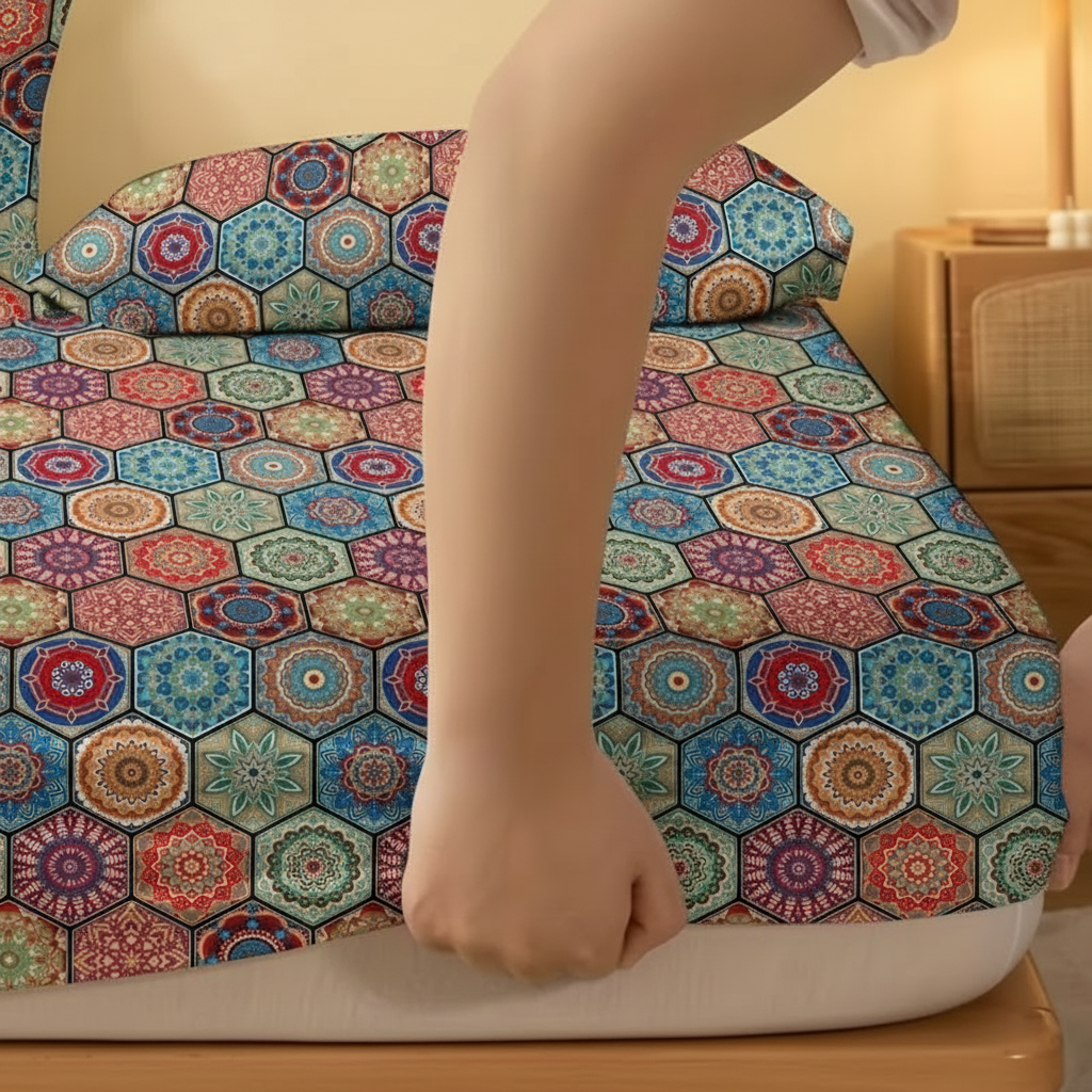 Geometric Design Print Fitted Sheet Quilted Polyester Bedding Cover