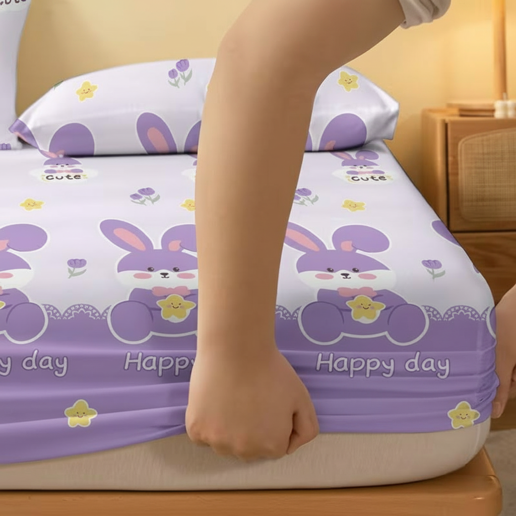 Cartoon Bunny Printed Flannel Fitted Bed Sheet