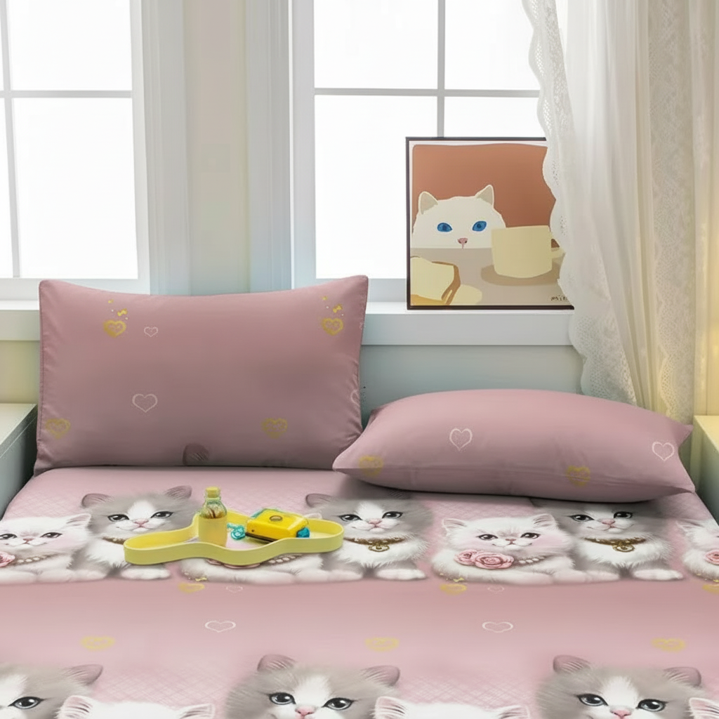 Quilted Cat Print Pillowcase Soft Polyester Bedding With Closure