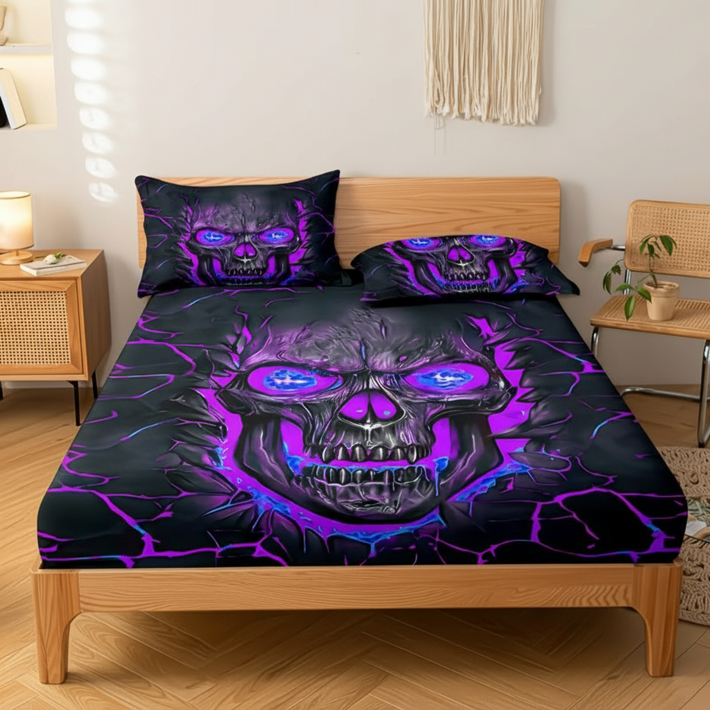 3 Piece Printed Bedsheet Set With Elastic Fit And Matching Pillow Covers