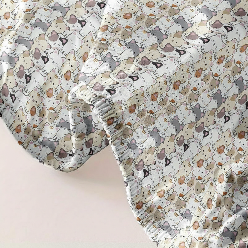 Cartoon Kitten Print Brushed Fitted Bed Sheet