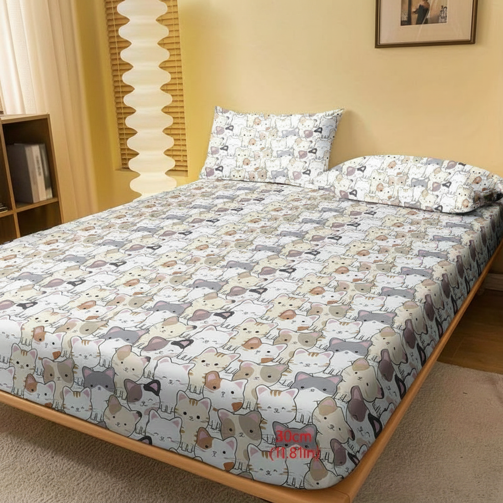 Cartoon Kitten Print Brushed Fitted Bed Sheet