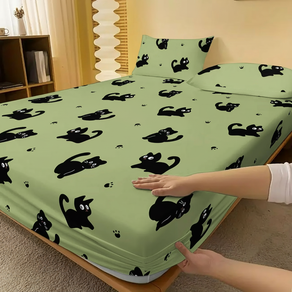 Cartoon Cat Design Print Quilted Fitted Bed Sheet