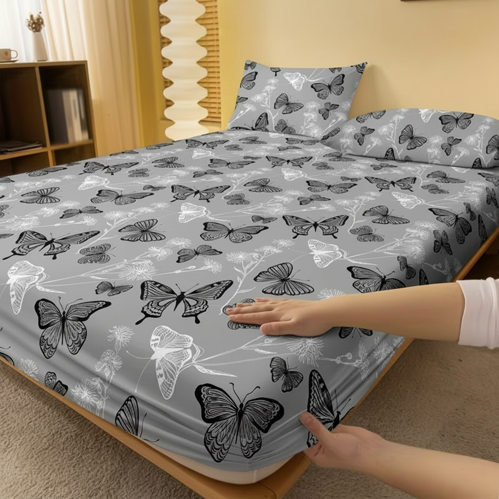 Butterfly Print Fitted Sheet Quilted Polyester Bedding Cover