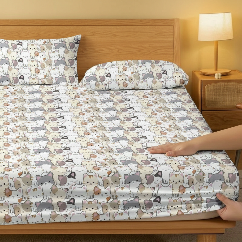 Cartoon Kitten Print Brushed Fitted Bed Sheet