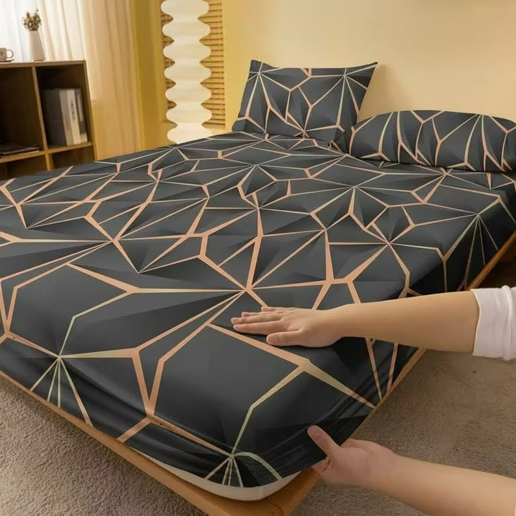 Modern Geometric Printed Fitted Bedsheet With Gold Line Design