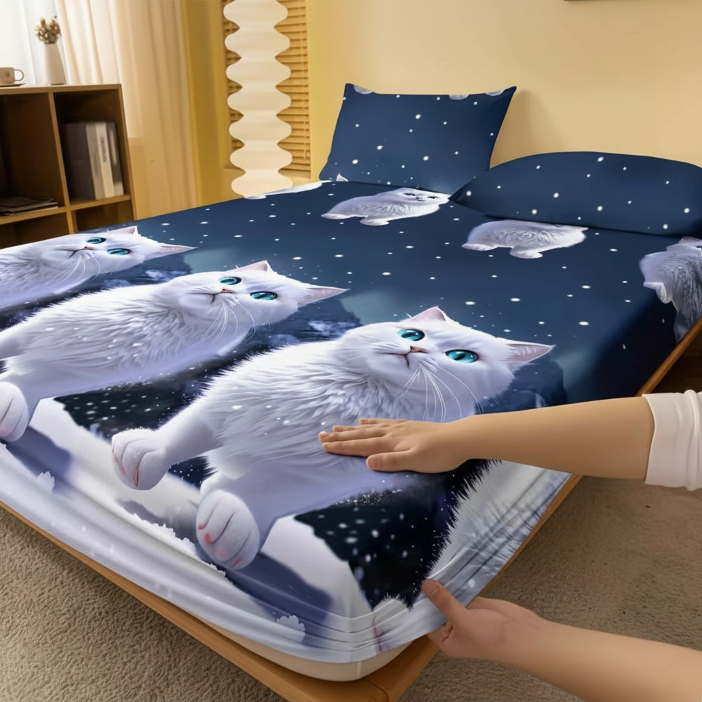 Cartoon Cat Bedding Fitted Sheet With Stretchable Edges